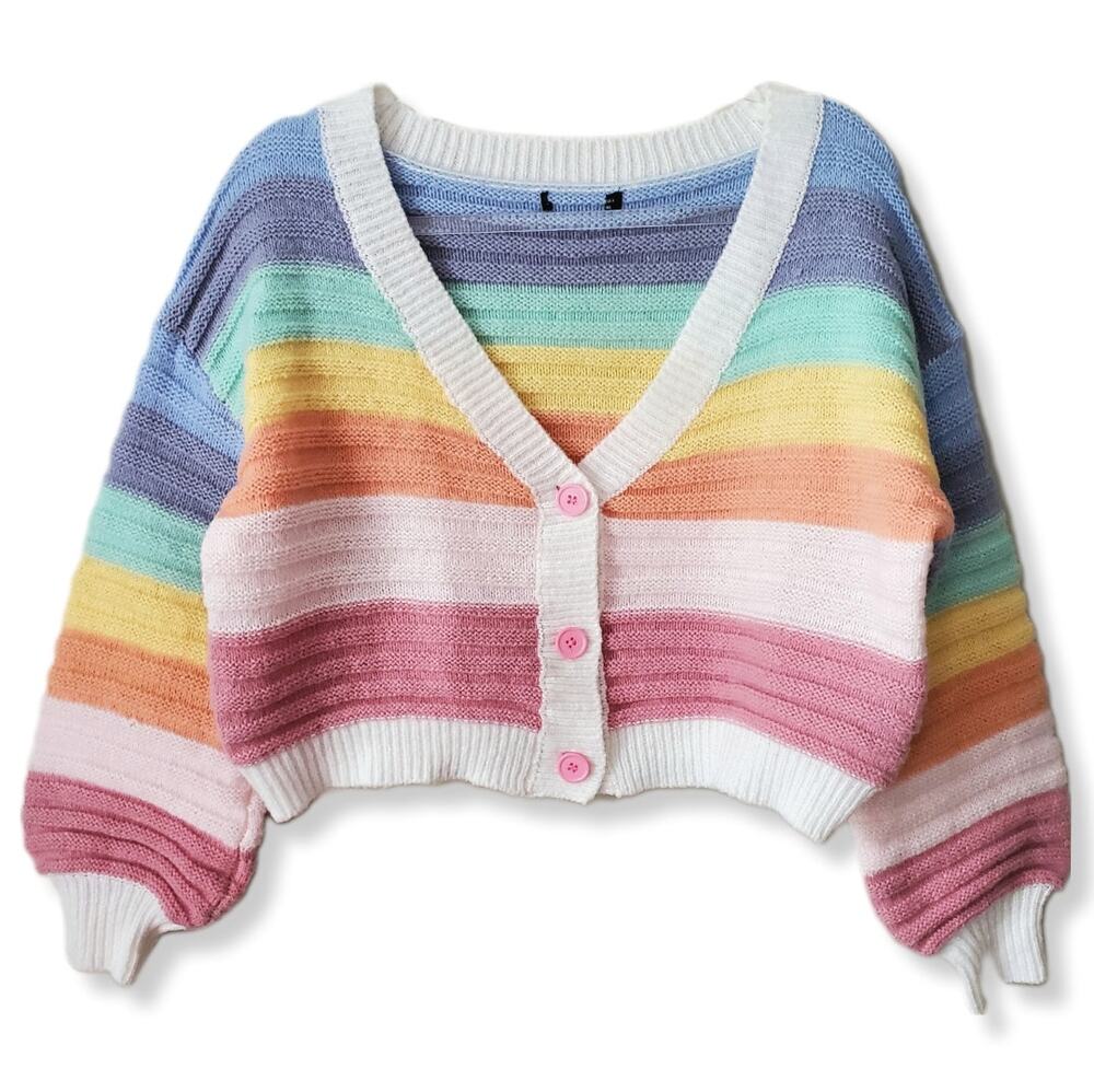 Women Multicolor Chunky Ribbed Cropped Cardigan M Rainbow Pastel Candycore Boho